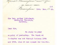 20160831_0001 Letter from the canal company in 1925 to Rev Arthur Pritchard in Rowington. Pritchard was concerned about the Chancel Repair Liability when land around the...