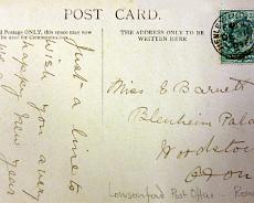 P1020368 Reverse of old postcard from Lowsonford Post Office. Addressed to Miss E Barnett who appears to be in service at Blenheim Palace