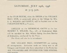 20130811 Invitation to villagers to the dedication ceremony for Rowington Village Hall gates and the deeds to the site for the Hall in 1948