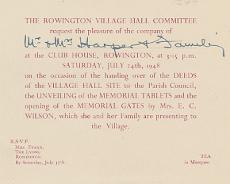 20130811_0008 Invitation to Mr JW Harper to the dedication ceremony for Rowington Village Hall gates and the deeds to the site for the Hall in 1948