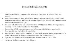Cymon Birtles comments Cymon Birtles recollections