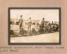 AG Hanson - Palestine 1917 - Saddle inspection Saddle inspection from Anthony Hanson's album from when he served in the Warwickshire Yeomanry in Palestine in 1917-18. His tent is arrowed.