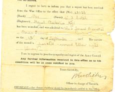 140718_0018 Notice sent to Alban Smith's parents informing them that he had been wounded
