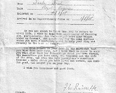 Valedict Demob letter to Fred Teale from his commanding officer