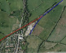 Railway Henleyroute marked Google Earth view of the course of the Rowington to Henley branch line at the Henley Terminus. The route to the original station is marked in blue, the later...
