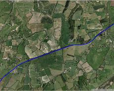 Railway full length route in Google Google Earth view of the course of the Rowington to Henley branch line. The route is marked in blue.