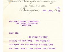 20160831_0001 Letter from the canal company in 1925 to Rev Arthur Pritchard in Rowington. Pritchard was concerned about the Chancel Repair Liability when land around the...