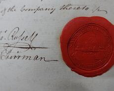 DSC00849 The Seal of the Warwick and Birmingham Canal Navigation Company 1793 and the signature of Thomas Russell, the Company Chairman.