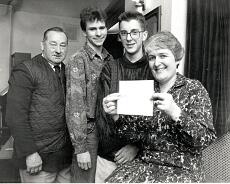 img20211204_0064 Chris Pickering, James Hadfield, Simon Overton with cheque for £1,200 raised for Birmingham Children's Hospital (1988). They rang non-stop for 24hrs