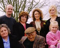 Fisher16 The Taylor/Fisher families at Lowsonford. Back row: Clive Bates, Mary Fisher (nee Taylor), Angela Neal (nee Taylor, Mary’s daughter) and Jackie Stoles, Mary’s...
