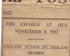 Huj charge yeoman2 Newspaper article describing the Cavalry charge by the Warwickshire Yeomen at Huj in Palestine, November 1917. Anthony Gardner Hanson and his brother Wilfred...