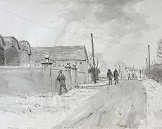 DSC02212 Junction of Haywood Lane and Rising Lane in Baddesley Clinton Feb 1991. Original painting by Arthur Lockwood