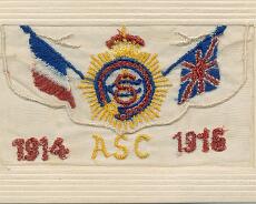 140701_0001 Embroidered postcard with Army Service Corps badge. From George Beardsmore's estate